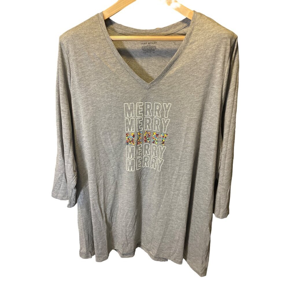 Lane Bryant Gray V Neck Merry Holiday Sparkle Detail 3/4 Sleeve T Shirt Sz 22